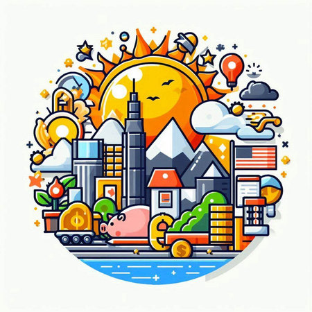 Flat line design concept of eco friendly city. Vector illustration.のイラスト素材