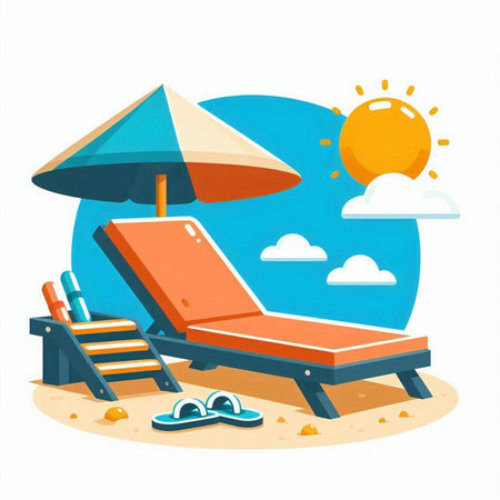 Beach chair with umbrella and flip flops on the sand. Vector illustrationのイラスト素材