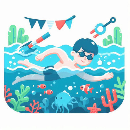 Swimming pool vector illustration. Cartoon boy swimmer in swimming pool.のイラスト素材
