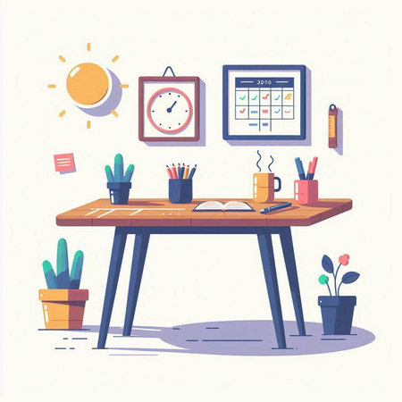 Office workplace. Workplace with desk, computer, clock, stationery and plants. Flat vector illustrationのイラスト素材