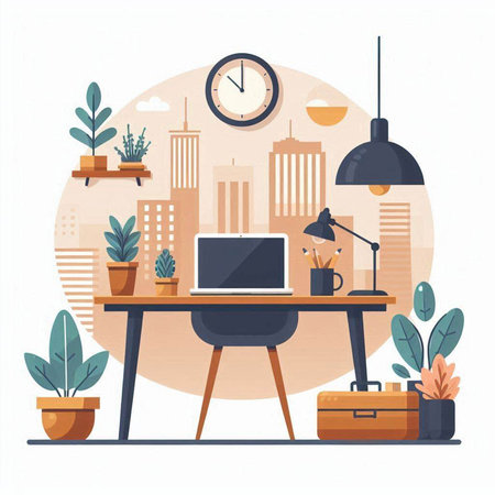 Office Workplace with Laptop, Workplace and Houseplants Flat Vector Illustrationのイラスト素材