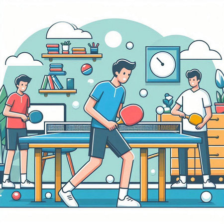 Table tennis game. Young people playing table tennis at home vector illustrationのイラスト素材