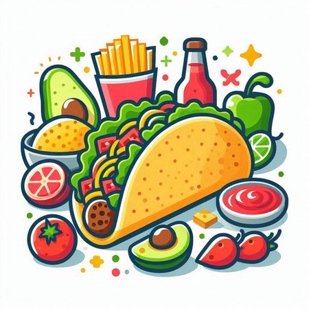 Mexican food vector illustration. Taco, chips, ketchupnnaiseのイラスト素材