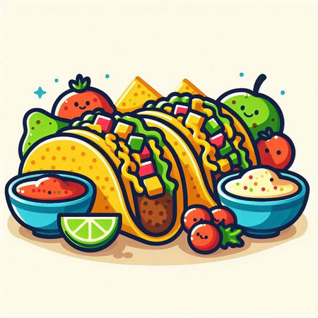 Mexican food vector illustration. Tasty tacos with guacamole and salsa.のイラスト素材