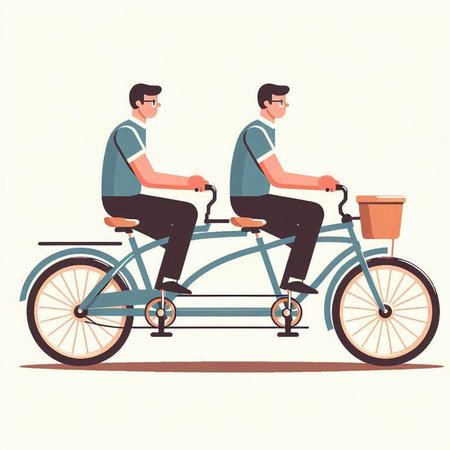 Young men riding a tandem bicycle. Vector illustration in flat style.のイラスト素材
