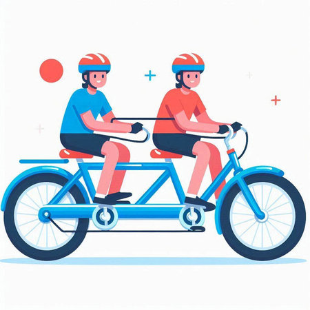 Young man and woman riding a bicycle. Vector illustration in flat styleのイラスト素材