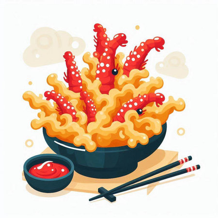 Illustration of fried shrimp in bowl with chopsticks and sauce.のイラスト素材