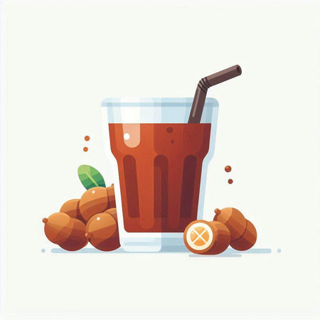 Hazelnut juice in a glass with a straw. Vector illustration.のイラスト素材