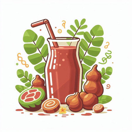 Juice in a glass with fruits and leaves. Vector illustration.のイラスト素材