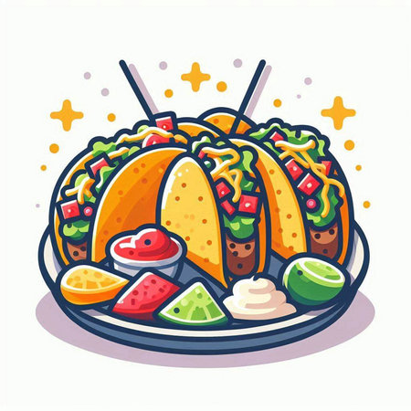 Illustration of a traditional mexican taco with lime and sauceのイラスト素材