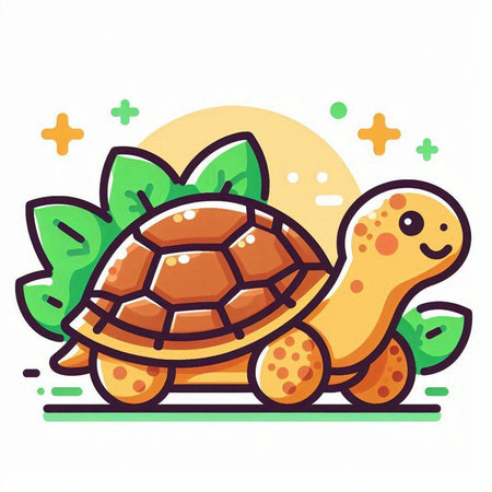 Cute turtle and green leaves on white background. Vector illustration.のイラスト素材