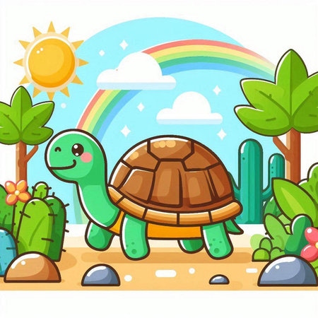 Turtle in the desert. Cute cartoon animals. Vector illustrationのイラスト素材