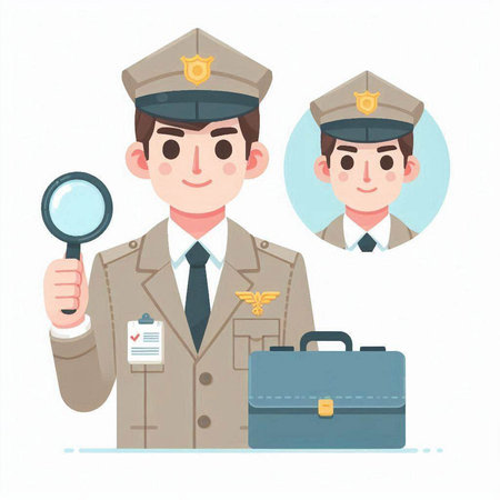 Policeman with magnifying glass and briefcase vector illustration.のイラスト素材