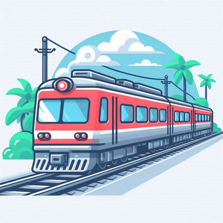 Modern high-speed train on the background of palm trees. Vector illustration.のイラスト素材