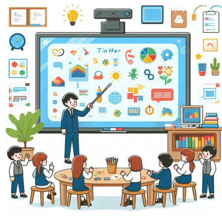 Teacher and students in the classroom. Vector illustration in cartoon style.のイラスト素材