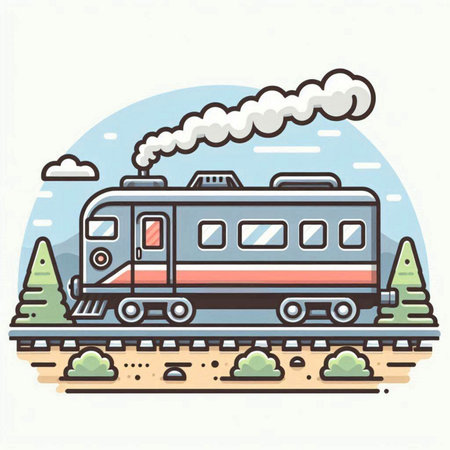 Train on the road. Vector illustration in flat linear style. The concept of travel.のイラスト素材
