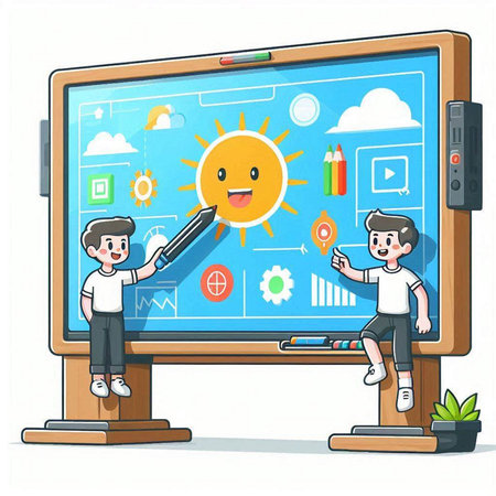Teacher and students on blackboard. Vector illustration in cartoon styleのイラスト素材