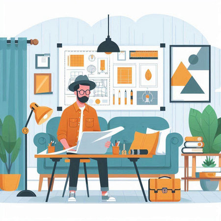 Architect working at home. Vector illustration in flat cartoon style.のイラスト素材