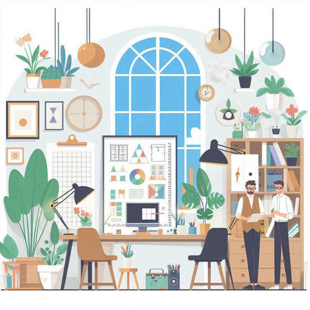 Interior of office with furniture and plants. Flat style vector illustration.のイラスト素材