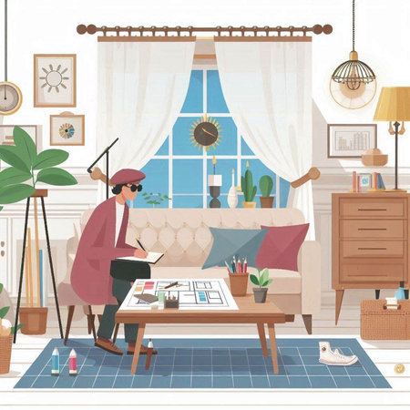 Vector illustration of a man working at home in the living room.のイラスト素材
