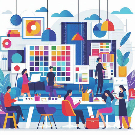 Business people working on project in modern office. Flat vector illustration.のイラスト素材