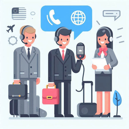 Flat design vector illustration concept of telemarketing. Businessman and businesswoman with headset and microphone.のイラスト素材