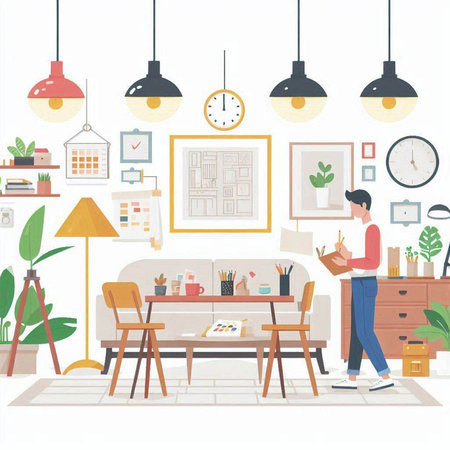 Vector illustration of interior design of living room with furniture, sofa, coffee table, coffee table, plant, lamp, coffee cup and other things.のイラスト素材
