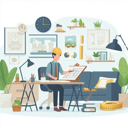 Architect working at his desk. Vector illustration in flat style.のイラスト素材
