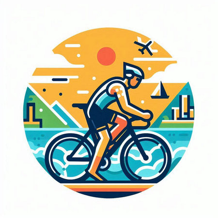Cyclist riding bicycle on the beach. Vector illustration in flat styleのイラスト素材