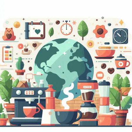 Coffee time flat design concept. Vector illustration with coffee machine, world map, coffee pot, coffee grinder, coffee cup, plant, clock and other elements.のイラスト素材