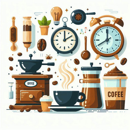 Coffee time flat icons set. Vector illustration of coffee time elements.のイラスト素材