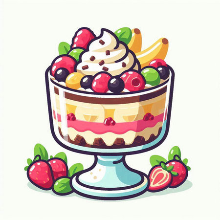 Cake with fruits and whipped cream in a glass bowl. Vector illustration.のイラスト素材