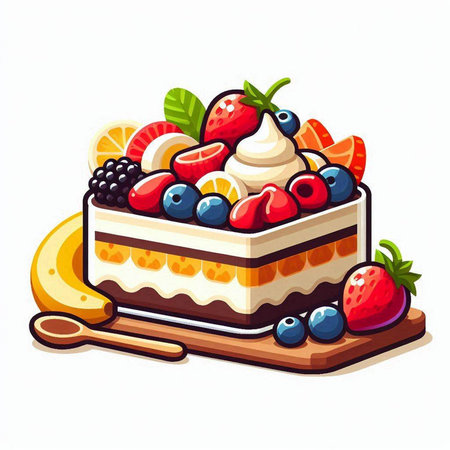 Piece of cake with berries and whipped cream. Vector illustration.のイラスト素材