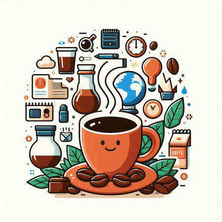 Coffee time concept with coffee cup and coffee beans, vector illustrationのイラスト素材