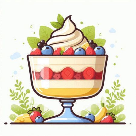 Strawberry and blueberry dessert in a glass bowl. Vector illustration.のイラスト素材
