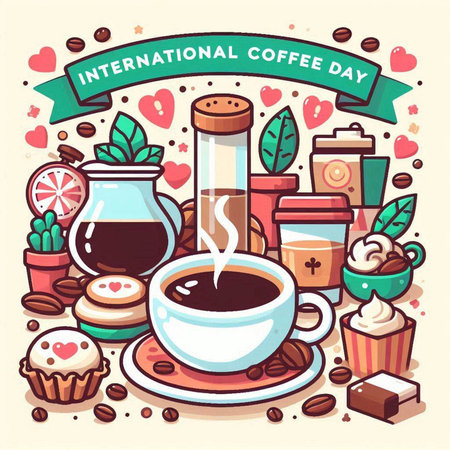 Coffee shop poster with cup of coffee, coffee beans, sweets and accessories. Vector illustrationのイラスト素材