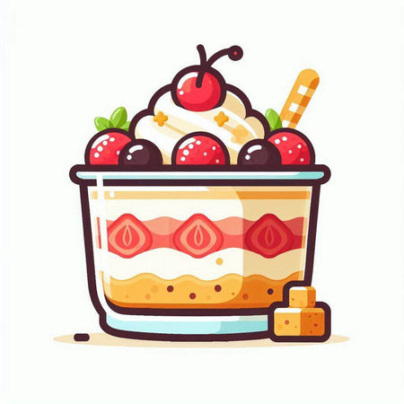 Fruit dessert with whipped cream and berries. Vector illustration in cartoon style.のイラスト素材