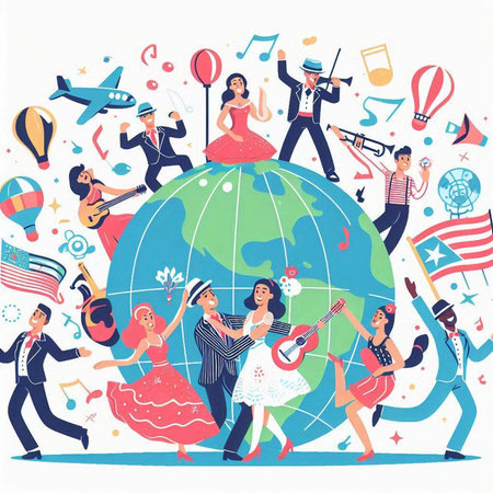 Vector illustration of a group of young people dancing around the globe.のイラスト素材