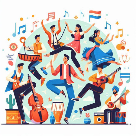 Musical instruments flat vector illustration. Musicians playing musical instruments, singing, playing drums, playing guitar, singing and dancing.のイラスト素材