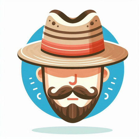 Hipster face with mustache and hat. Cartoon vector illustration.のイラスト素材