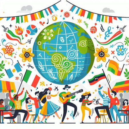 International Day of Music. Group of people in national costumes sing, dance and play musical instruments. Vector illustration.のイラスト素材