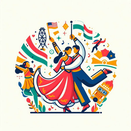 Vector illustration of indian dancers in traditional clothes dancing in the circleのイラスト素材