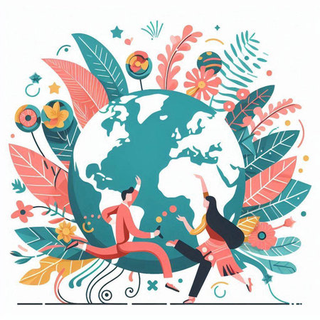 Vector illustration of Earth Day. Greeting card with people around the world.のイラスト素材