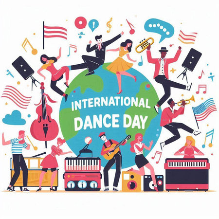 International Day of the Dance. Vector illustration in flat style on white background.のイラスト素材