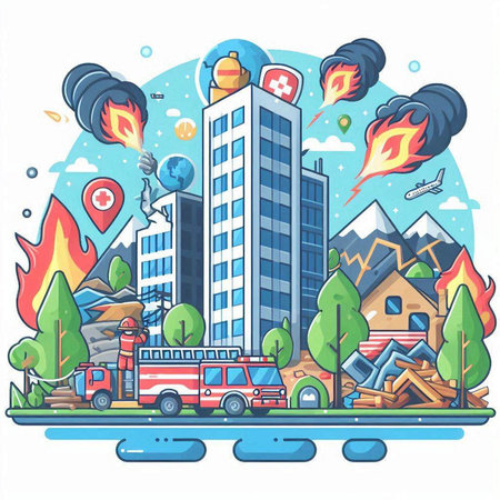 Vector illustration of fire in city. Firefighters and firetruck.のイラスト素材