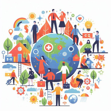 Global warming concept with people around planet. Vector illustration in flat styleのイラスト素材