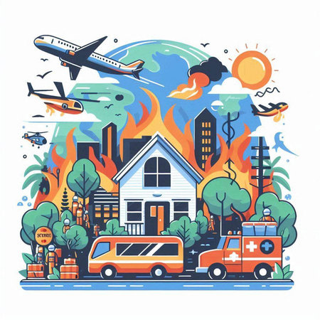 Vector illustration of a fire in the city. Firefighters, ambulance, fire truck, ambulance, plane, car, house, trees.のイラスト素材
