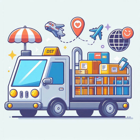Vector illustration of a delivery truck with parcels, boxes and airplane.のイラスト素材