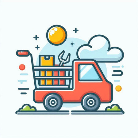 Flat line design concept of online shopping and delivery. Vector illustrationのイラスト素材