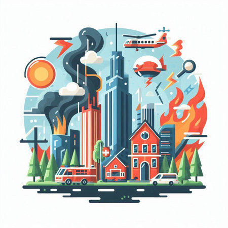 Vector illustration of cityscape with burning buildings, cars and fire on white background.のイラスト素材
